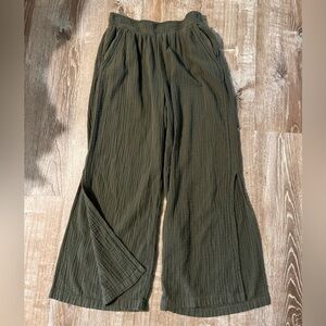 Aerie Wide Leg Pants gauze pull on high rise olive green Large R